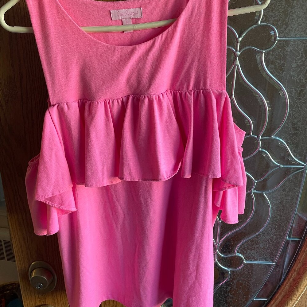 Lilly Pulitzer Pink Shirt Cold Shoulder Ruffle Top Size Large